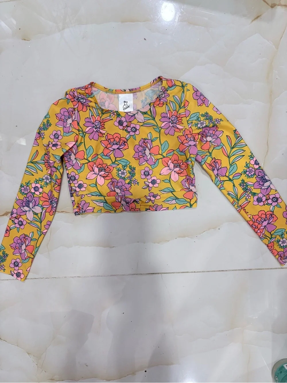 Girls 2 Piece Swim Set Cat & Jack Floral One Piece Art Class Rashgaurd Size 6/7